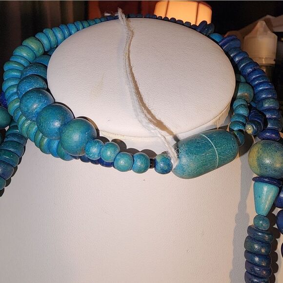 Blue and Green Wooden Beaded Necklaces with Textured Designs NWOT - Picture 4 of 10